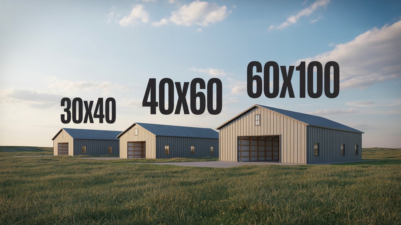 Three barns displaying the dimensions "30x100" and "60x100" on their sides, set against a clear sky.
