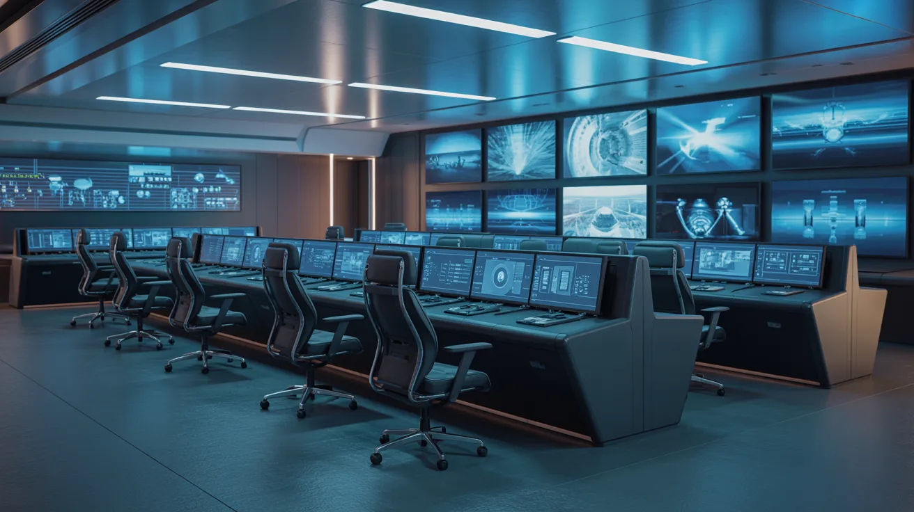 A spacious control room filled with multiple monitors displaying various data and information.