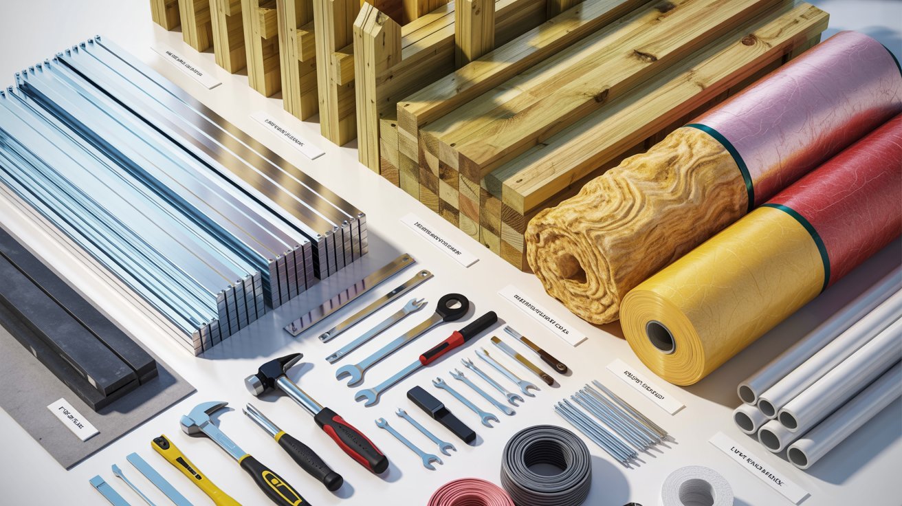 A collection of building tools and materials, including hammers, nails, and wood, arranged on a workbench.