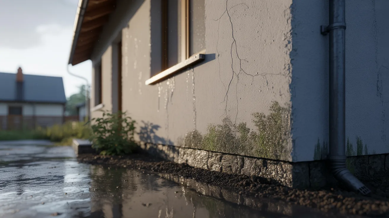 A house stands beside a wet sidewalk, with a tree providing shade in the foreground.