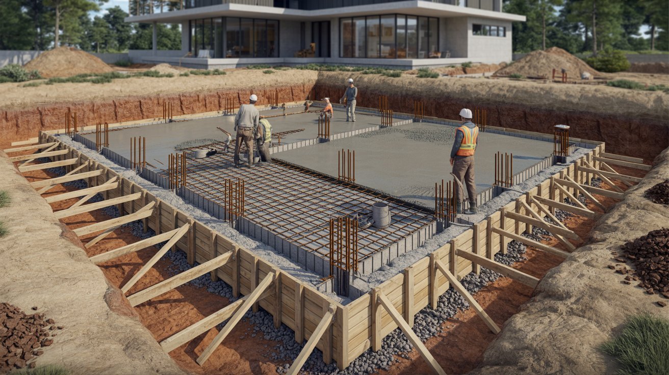 A house under construction with a visible concrete foundation and framing in progress.