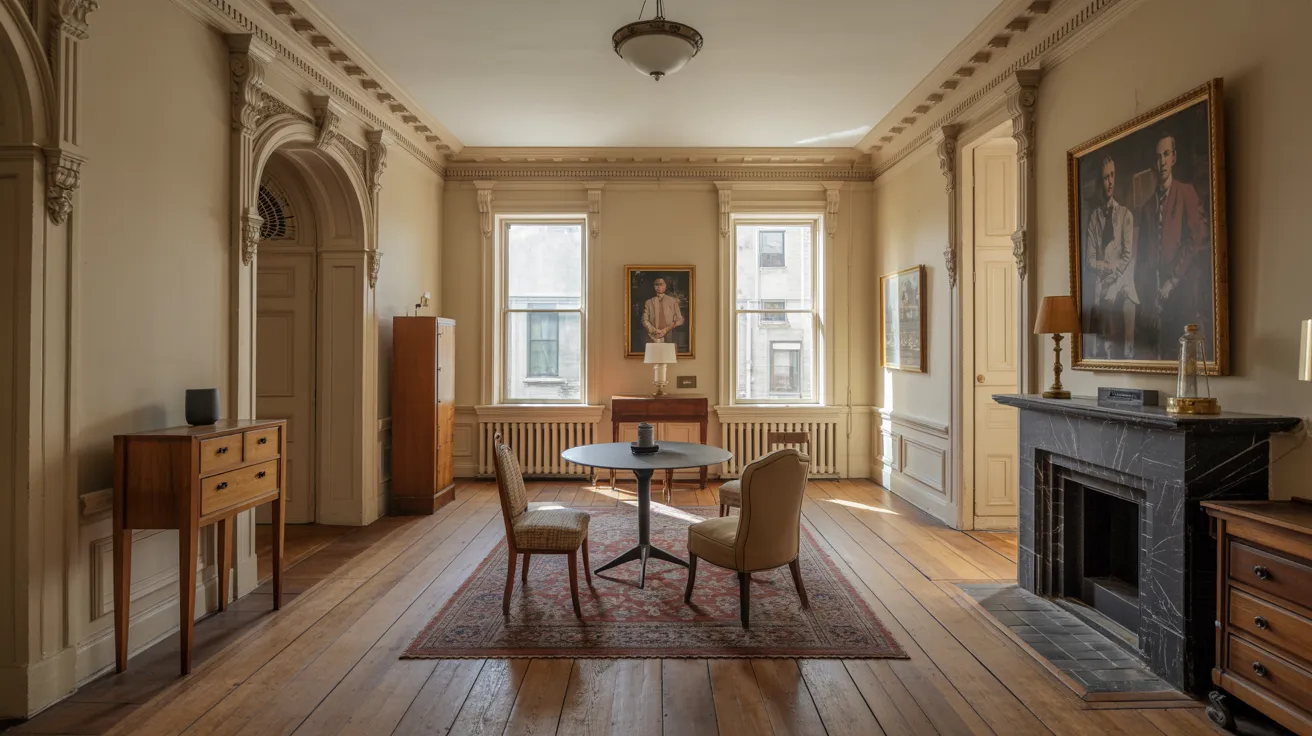 A cozy room featuring a fireplace, a wooden table, and four chairs arranged around it.