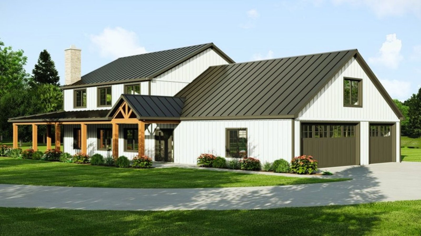 Front elevation of a charming farmhouse showcasing its rustic design and inviting porch.