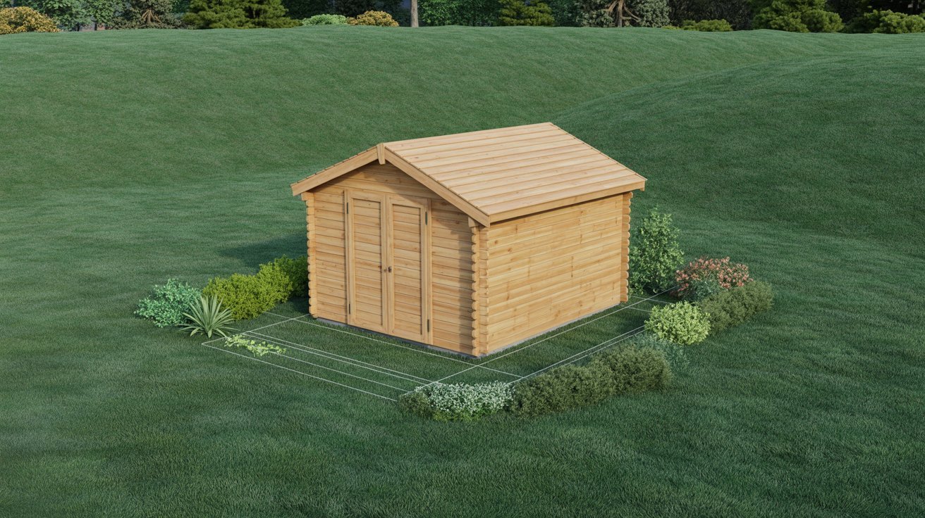 A small shed stands alone in the center of a vast green field under a clear blue sky.