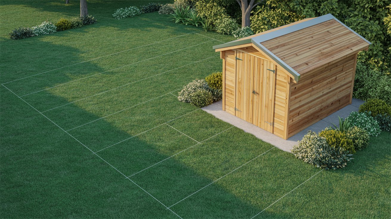 A small wooden shed is situated in the center of a well-maintained lawn.