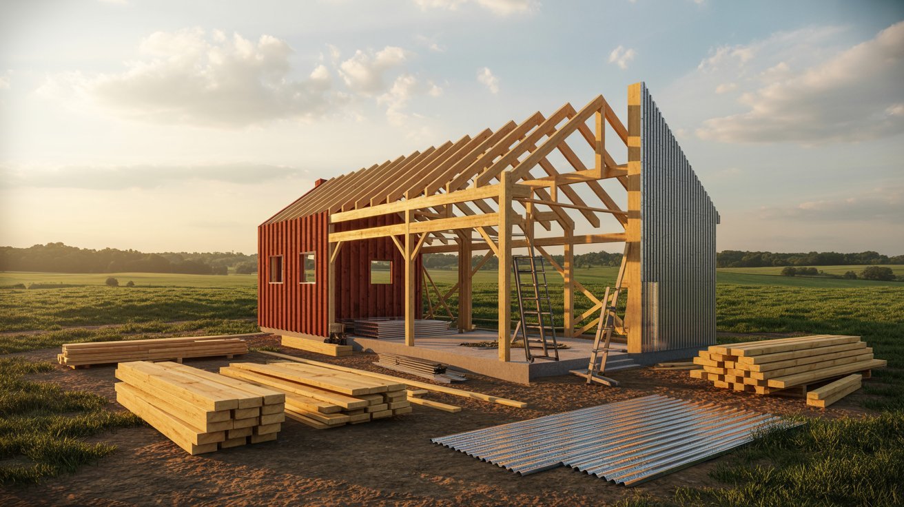 A small wooden house is under construction, with framing and beams visible in the early stages of building.