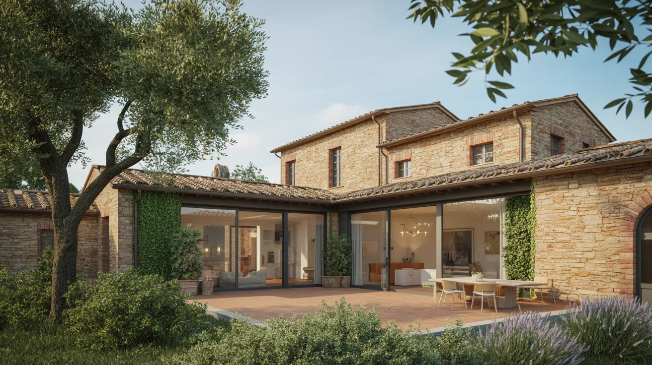 A modern house featuring a spacious patio and a well-maintained garden.