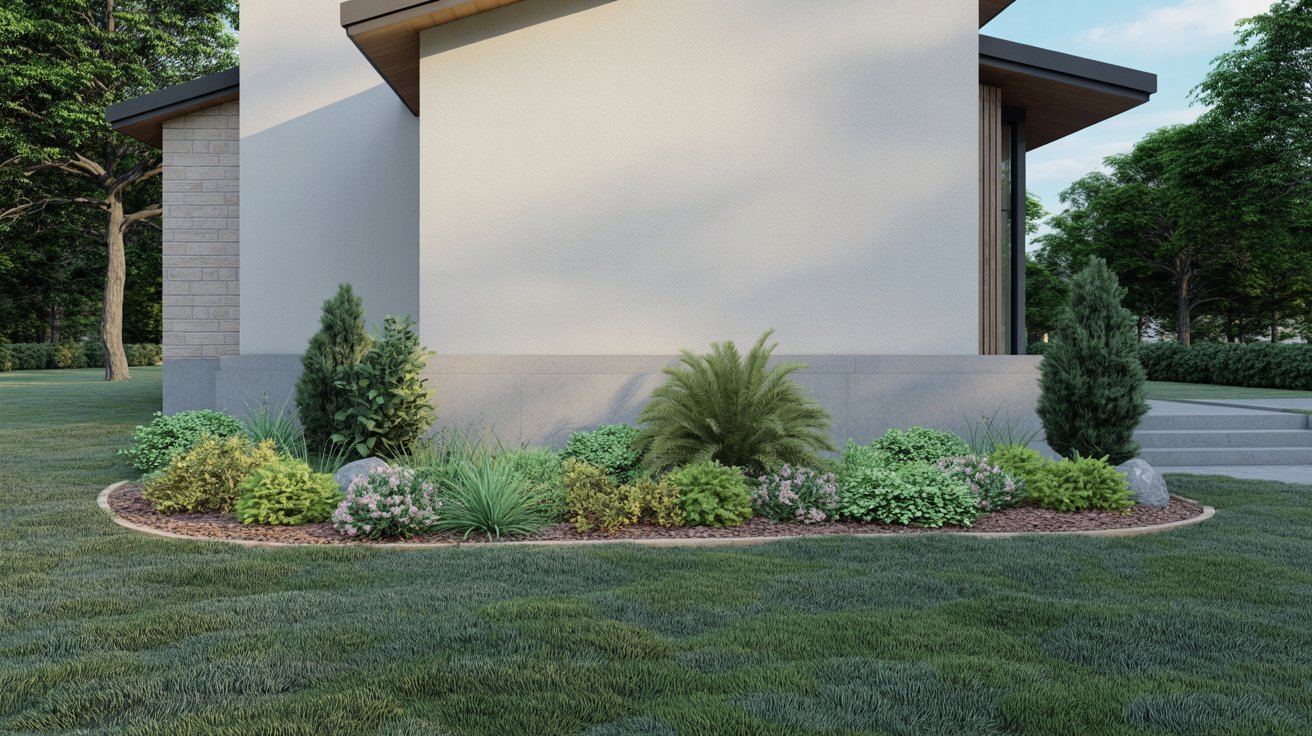 A modern house surrounded by a lush garden and tall trees, showcasing contemporary architecture and natural beauty.