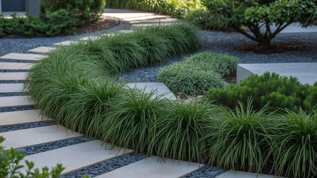 A serene garden featuring stone steps leading through lush green grass.