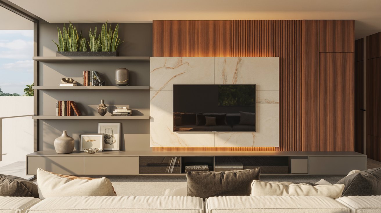 Modern living room featuring wooden shelves, stylish decor, and a cozy seating area.