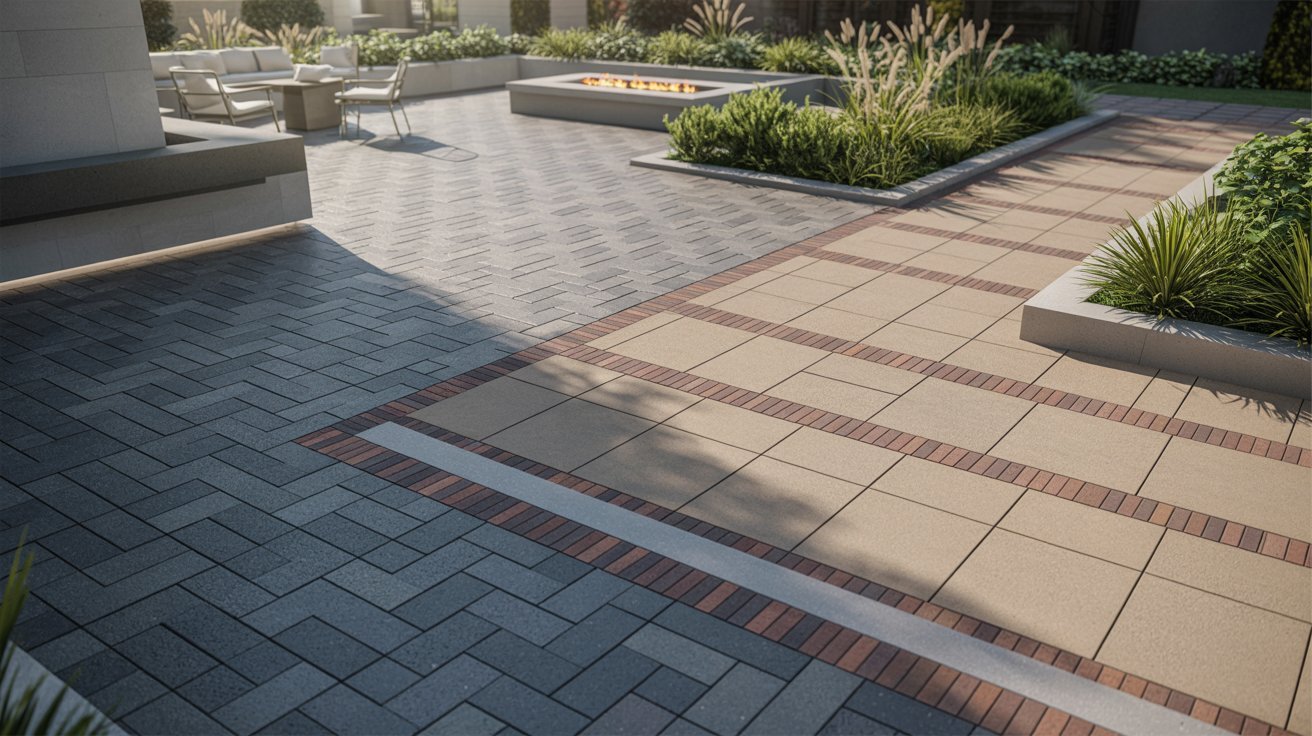 A patio featuring brick pavers surrounded by well-maintained landscaping and greenery.