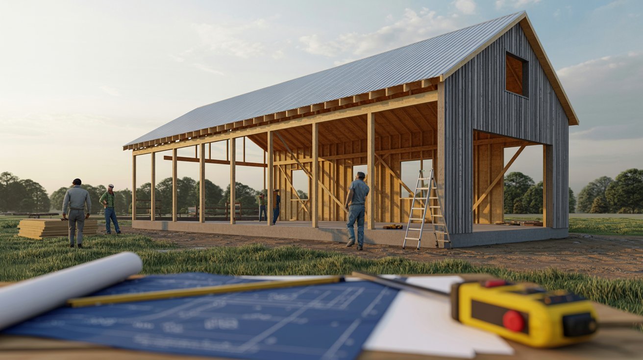 barn surrounded by blueprints and construction tools, indicating ongoing building or renovation work.