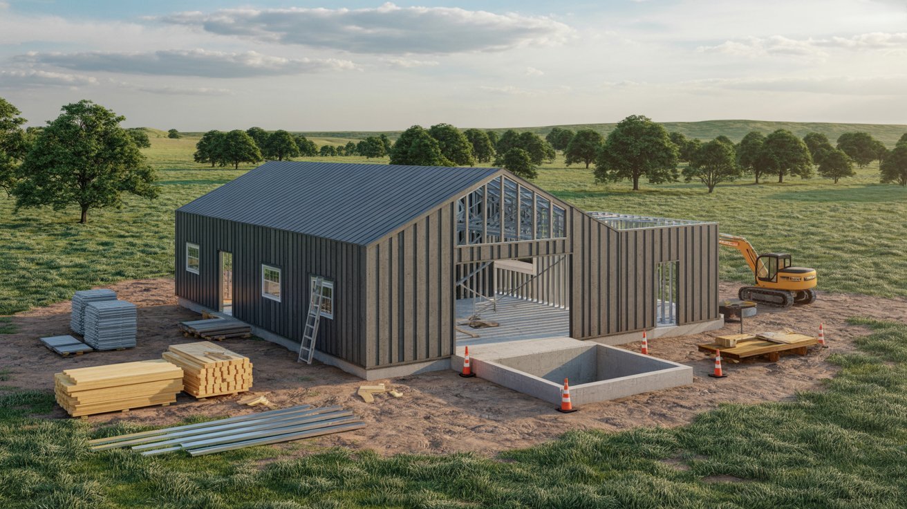 A house under construction stands prominently in the center of a vast, open field.