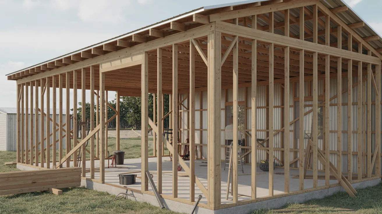 wooden shed is under construction, showcasing the framing process with visible beams and supports.
