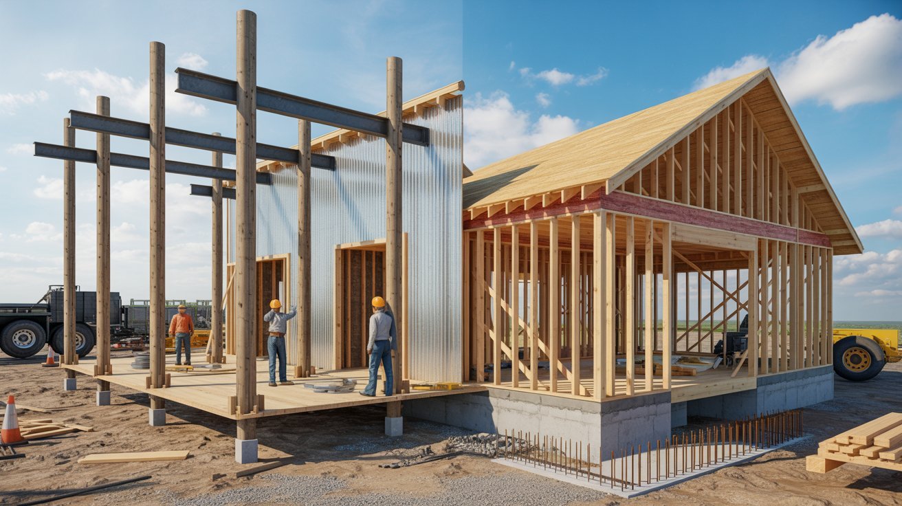 A team of construction workers actively constructing a house, surrounded by building materials and equipment.