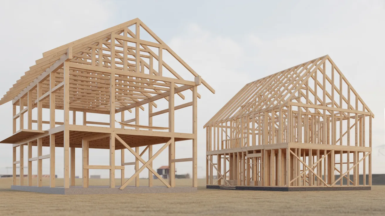 Two wooden houses under construction in a grassy field, surrounded by open space and a clear blue sky.
