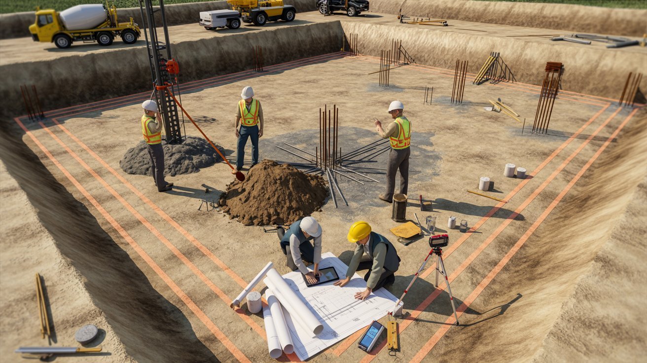 Construction workers collaborating on a site, using tools and equipment to build structures and complete tasks.