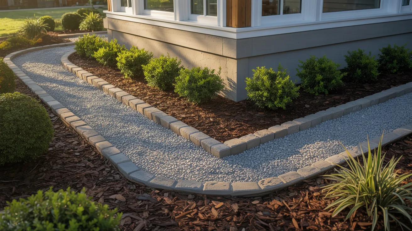 A stone pathway winds through greenery, leading up to a charming house in the background.