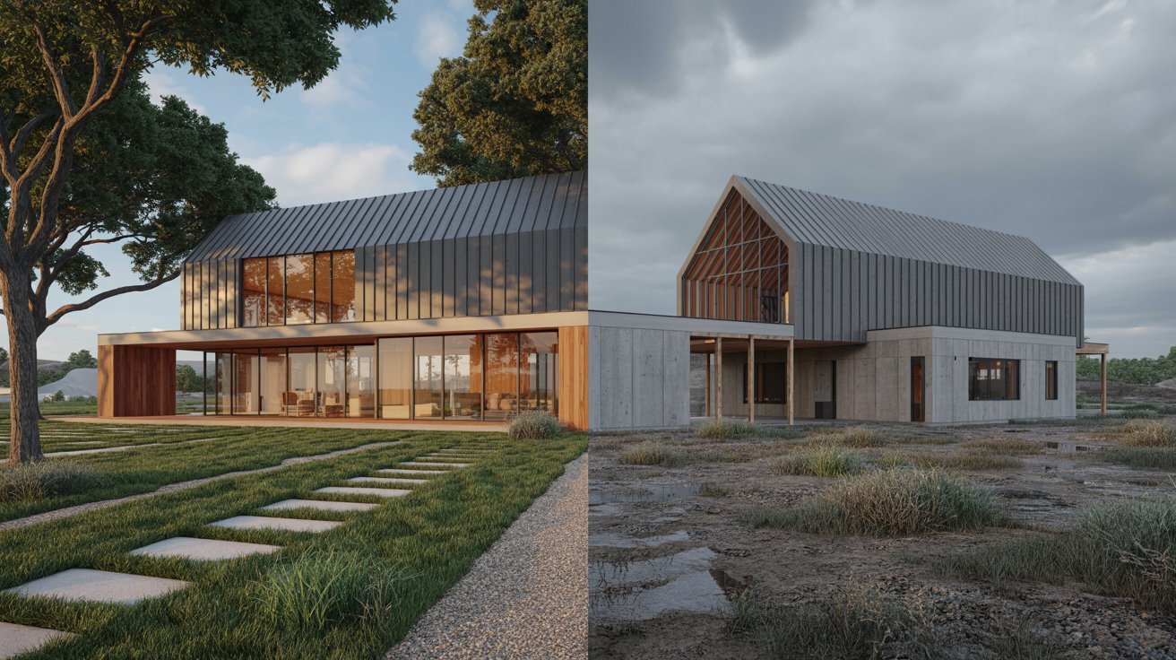 Two images of a modern house featuring a spacious grassy area surrounding it.