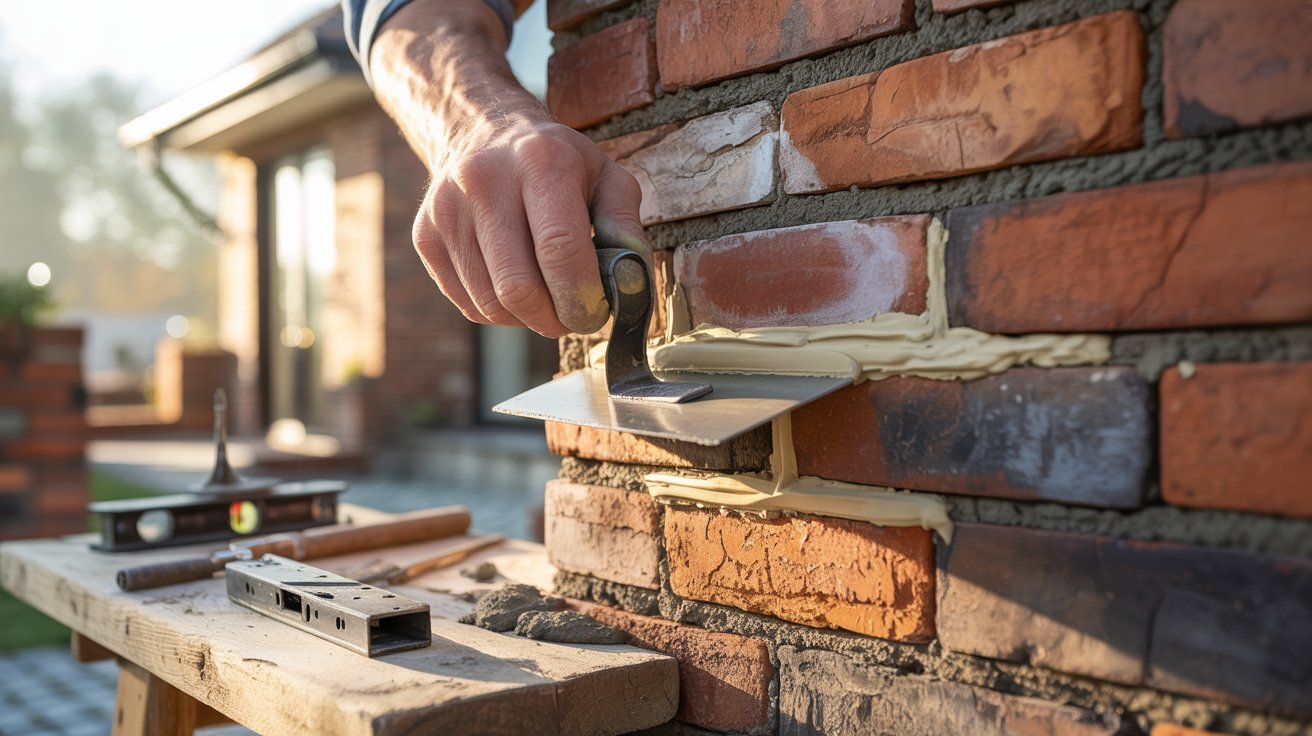 A man applies mortar to a brick wall using a trowel, focusing on precise placement for construction.