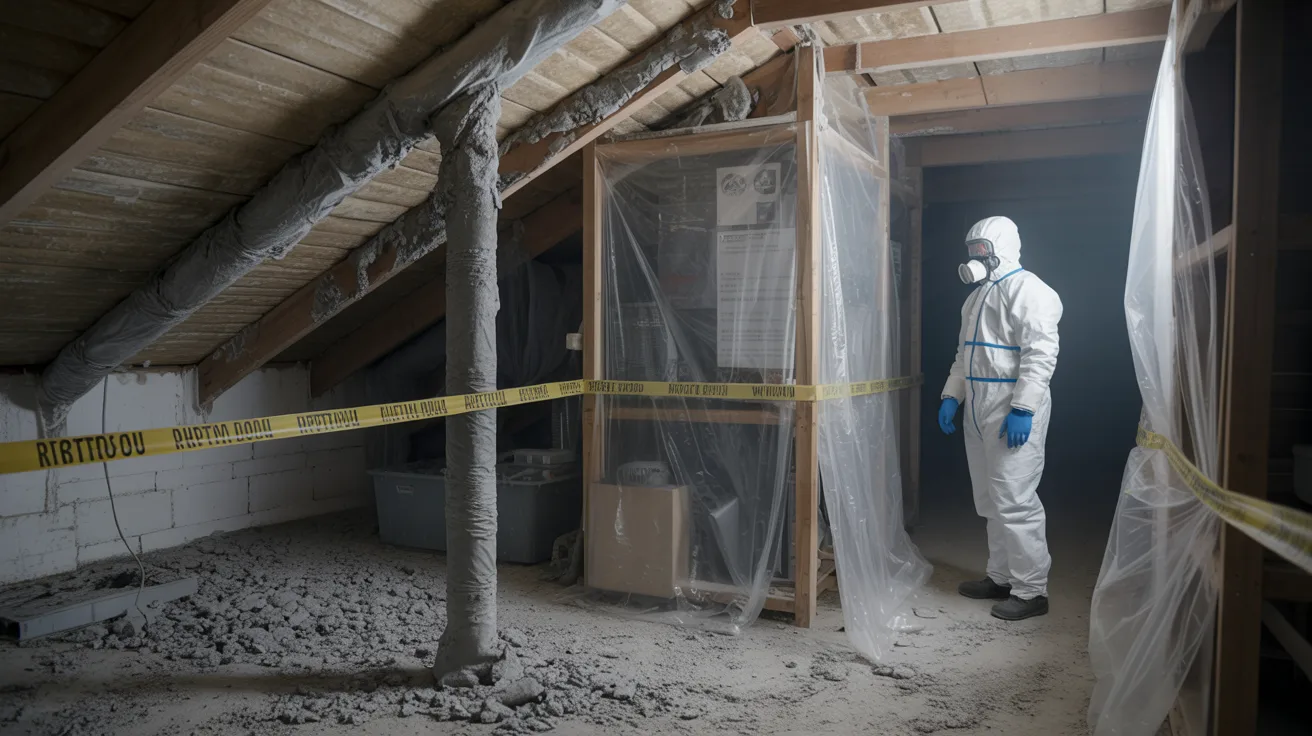 A man in a protective suit stands in an attic, inspecting the space for potential hazards or contaminants.