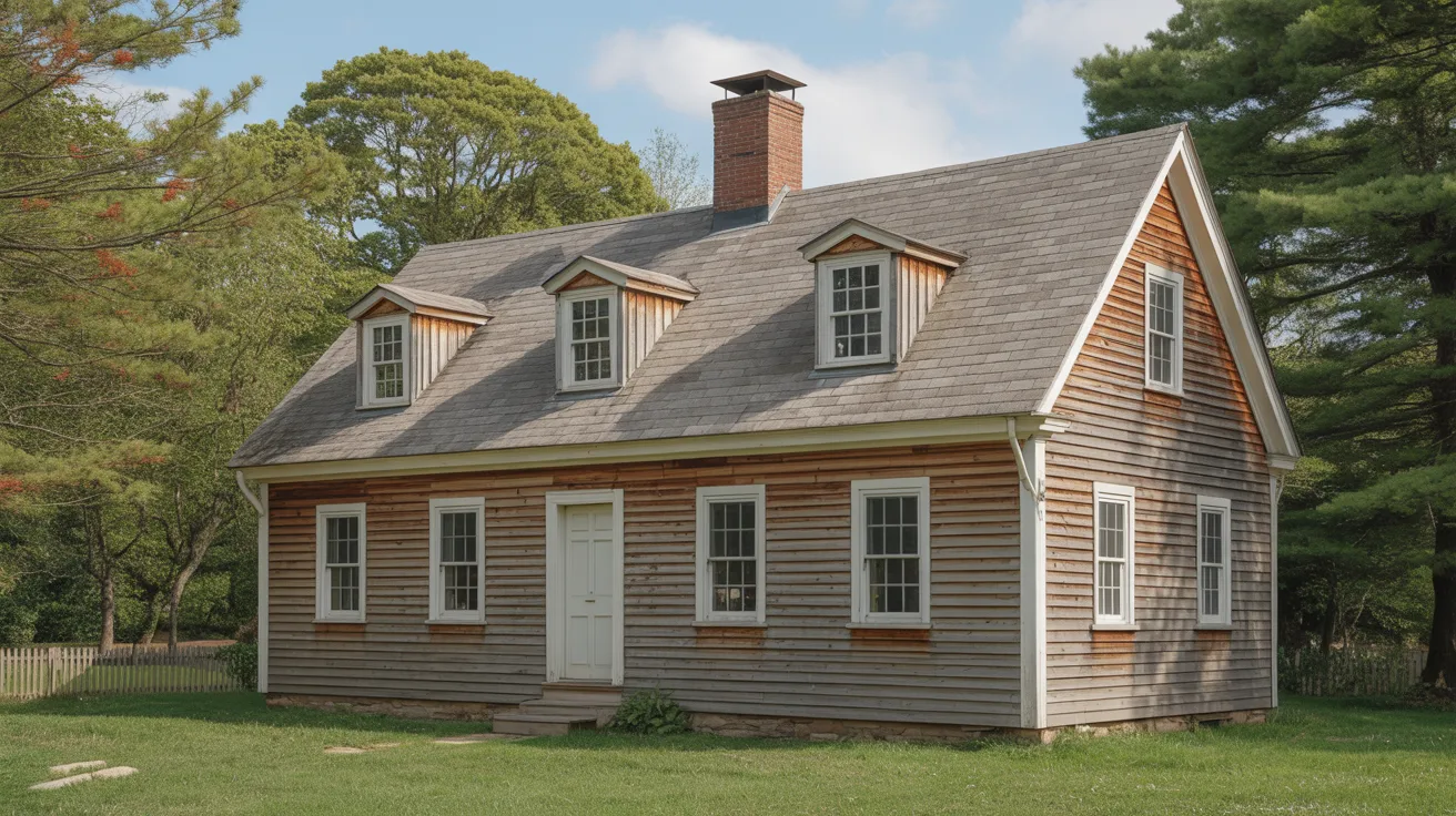 A small house featuring a chimney and a welcoming porch, surrounded by greenery.