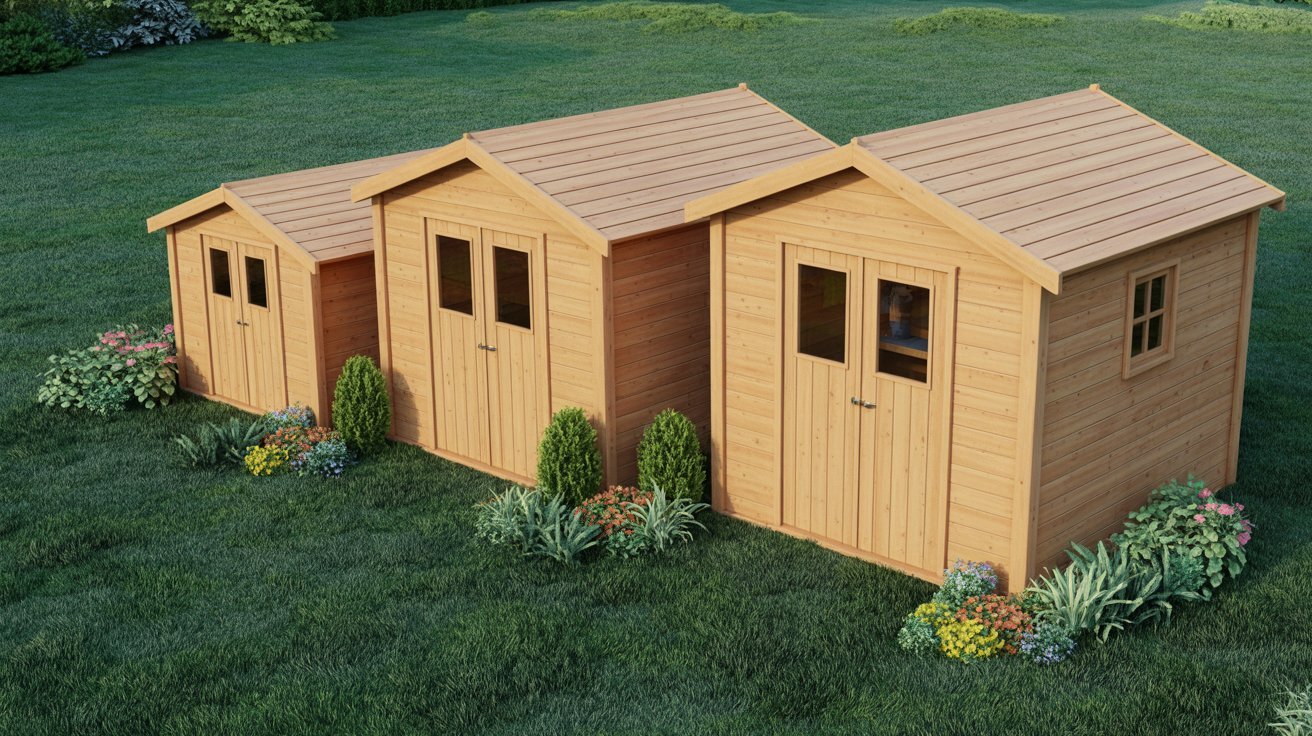 Three wooden sheds are positioned in an open field, framed by greenery.