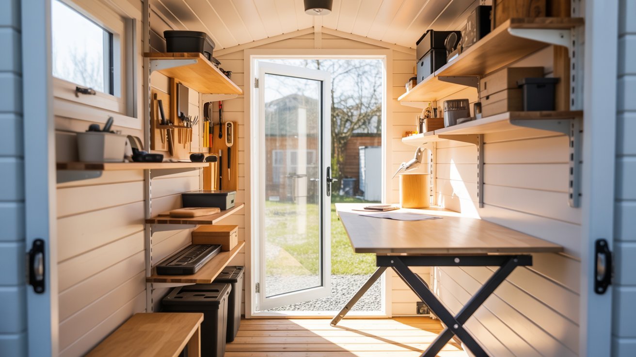 A small office featuring a desk and shelves, creating a compact workspace for productivity.