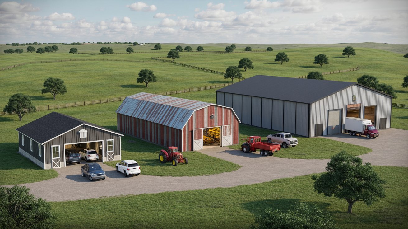 Three barns and a parked truck are situated in a grassy field under a clear blue sky.