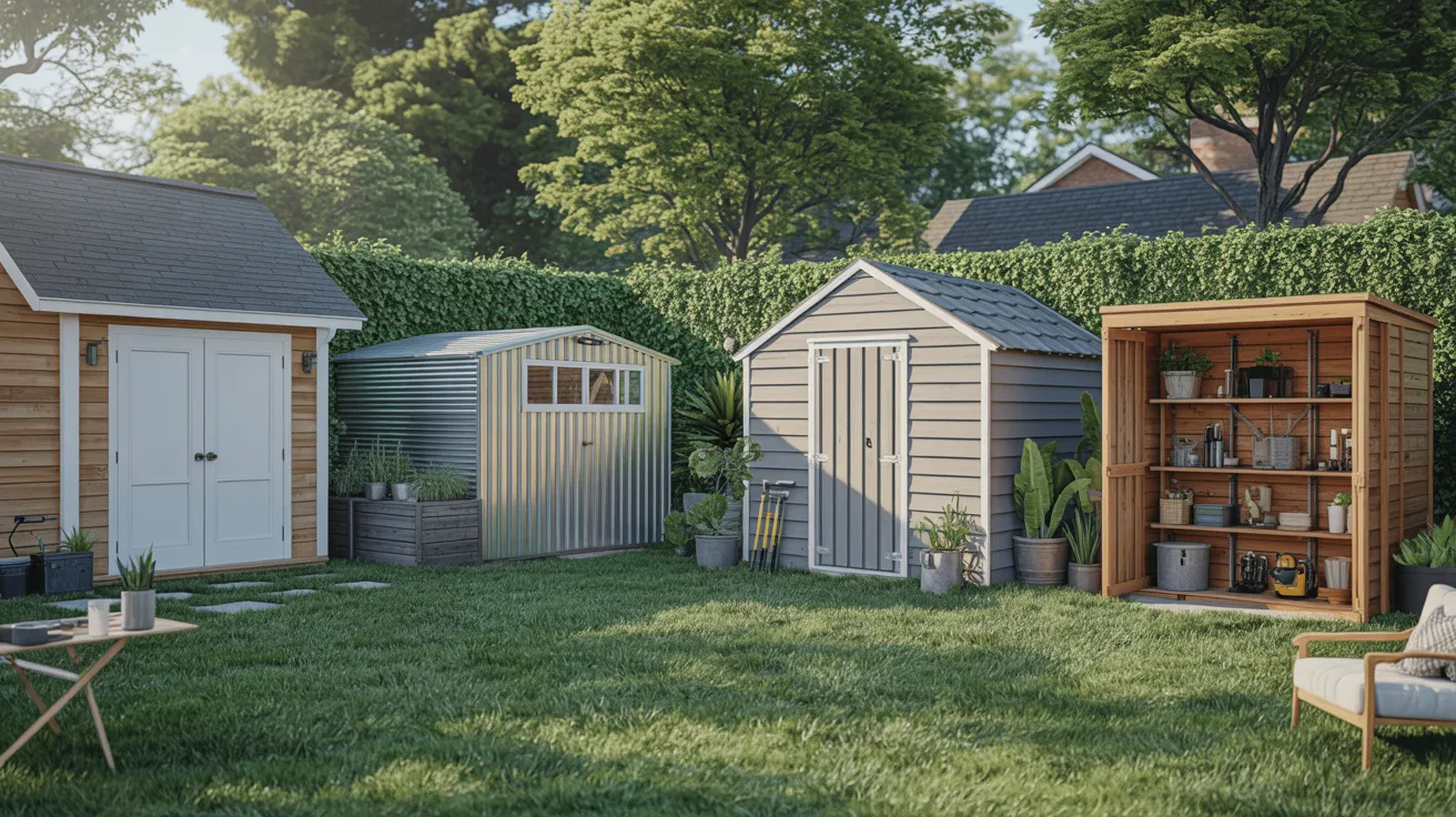A backyard featuring a shed, garden furniture, and a well-maintained lawn under clear blue skies.