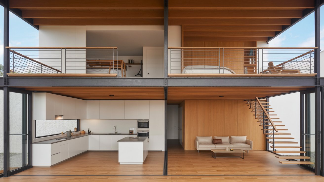 A modern home featuring a spacious deck and elegant stairs leading to the entrance.