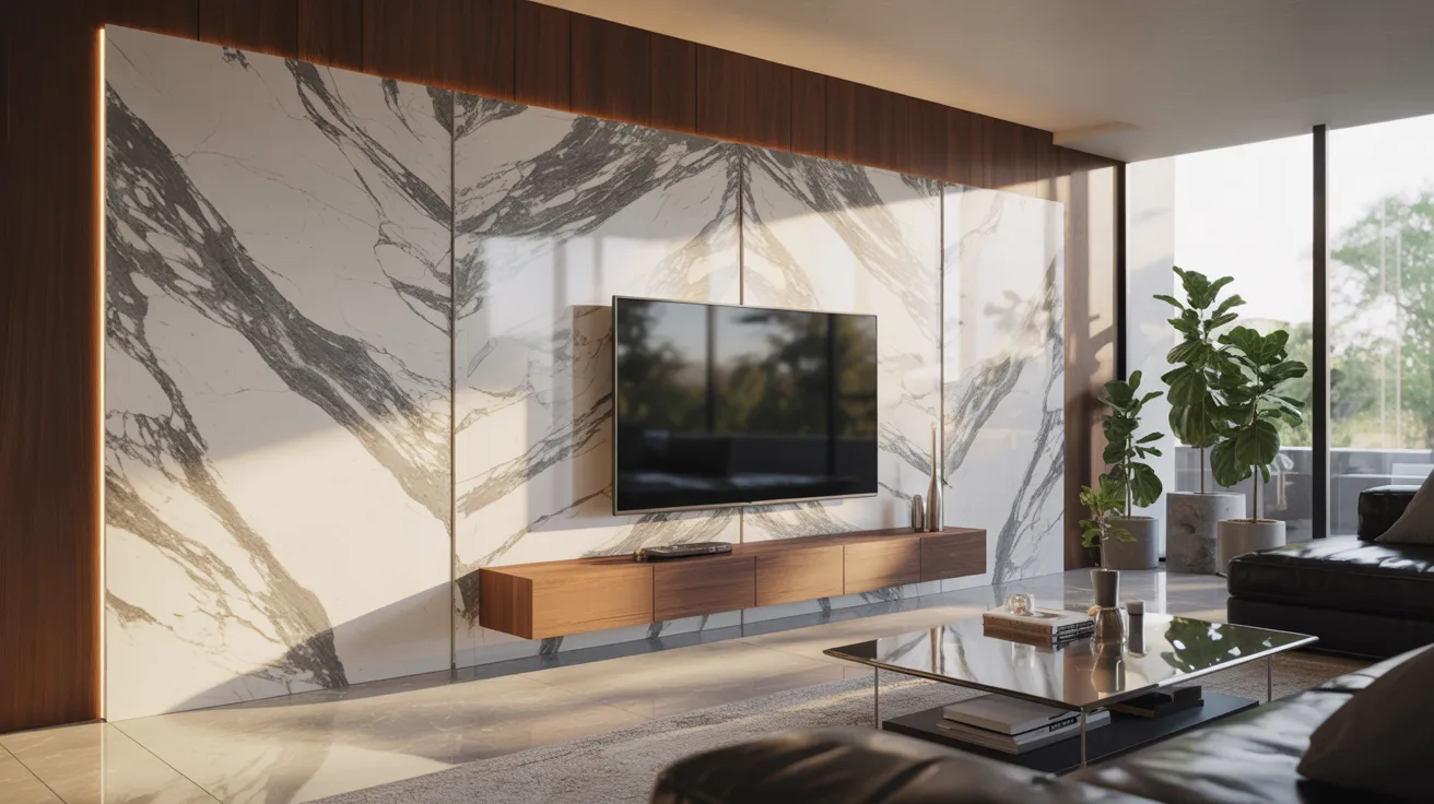 A modern living room featuring sleek marble walls and a large flat-screen television as the focal point.