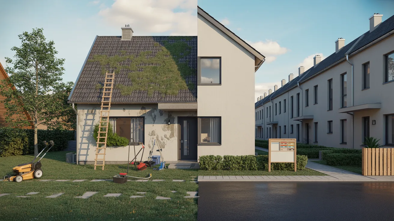 A house featuring a ladder leaning against it, with another ladder positioned on the roof.