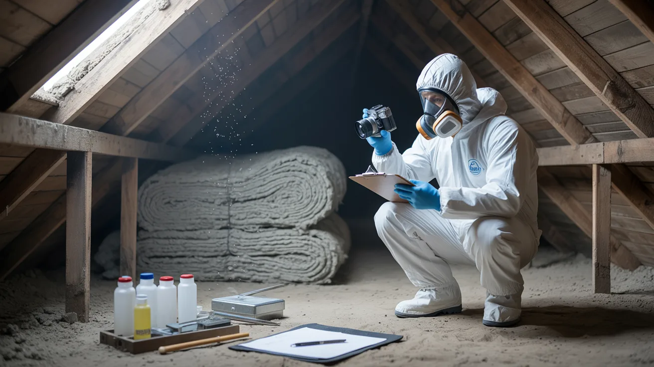 A man wearing protective gear is positioned in an attic, inspecting the area for safety and structural issues.