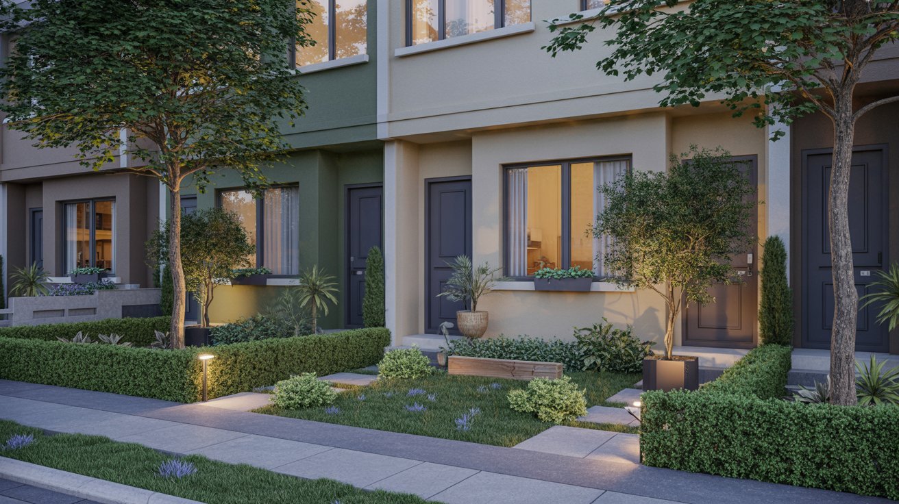 A modern townhouse surrounded by landscaped greenery, showcasing contemporary architecture and outdoor design.
