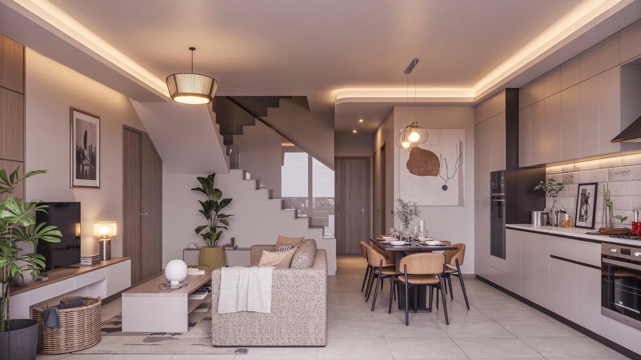 A sleek modern kitchen and living room in a contemporary home, featuring open space and stylish furnishings.