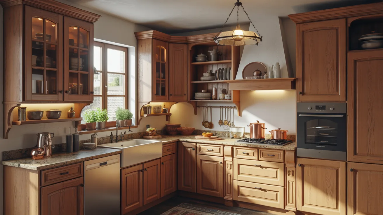 A kitchen featuring wooden cabinets and a stainless steel sink, showcasing a warm and inviting atmosphere.