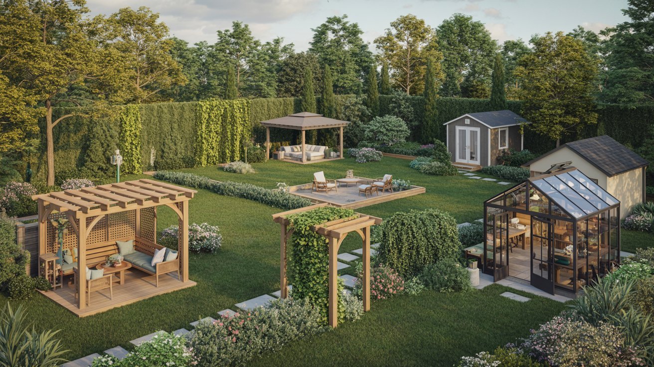 A serene garden featuring a gazebo, a shed, and a patio surrounded by lush greenery and colorful flowers.