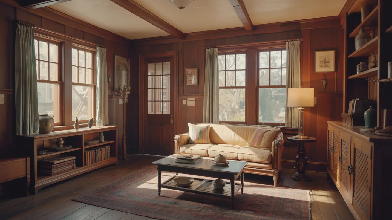 A cozy living room featuring warm wood paneling and a comfortable couch, creating an inviting atmosphere.