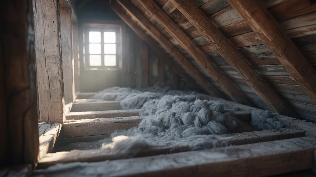 An attic filled with bundles of wool and wooden beams, showcasing a rustic and cozy atmosphere.