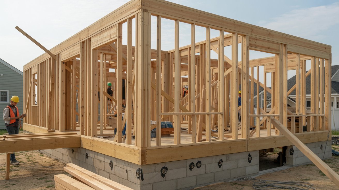 A house under construction featuring exposed wooden framing and scaffolding in a residential area.