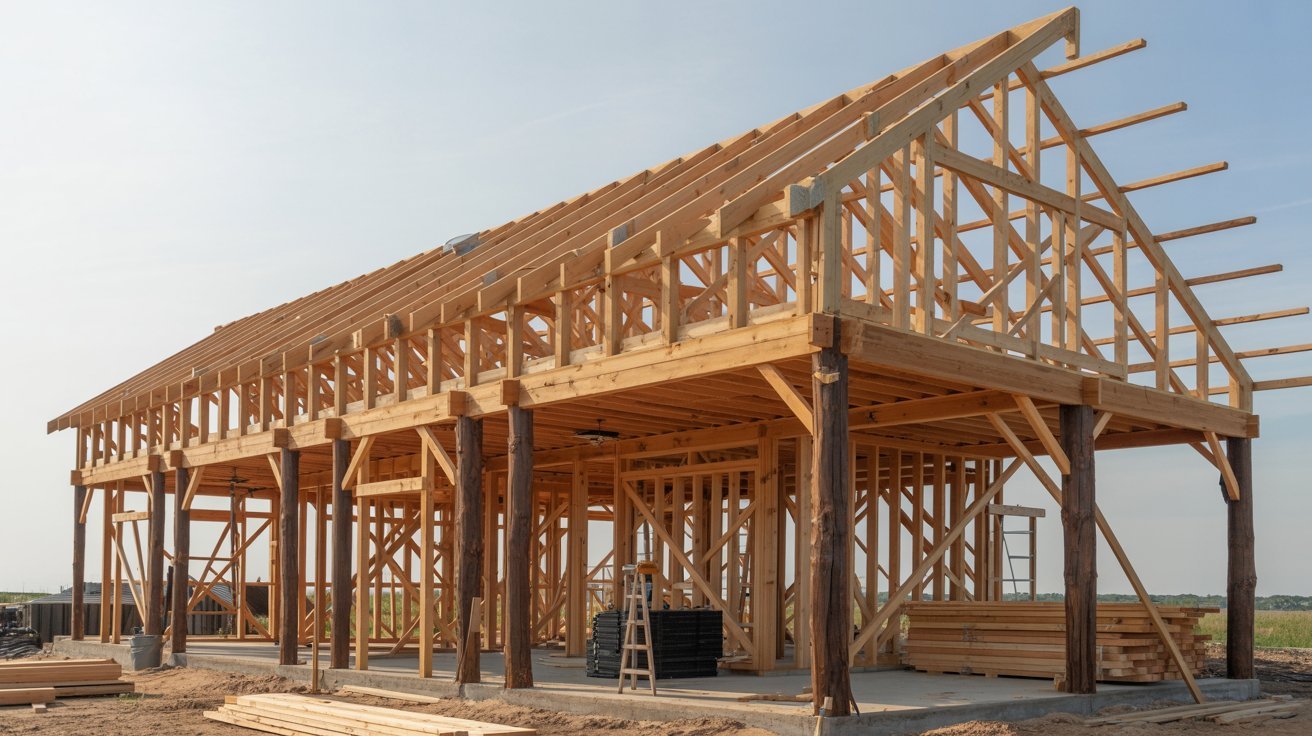 A house under construction featuring exposed wooden framing and scaffolding in a residential area.