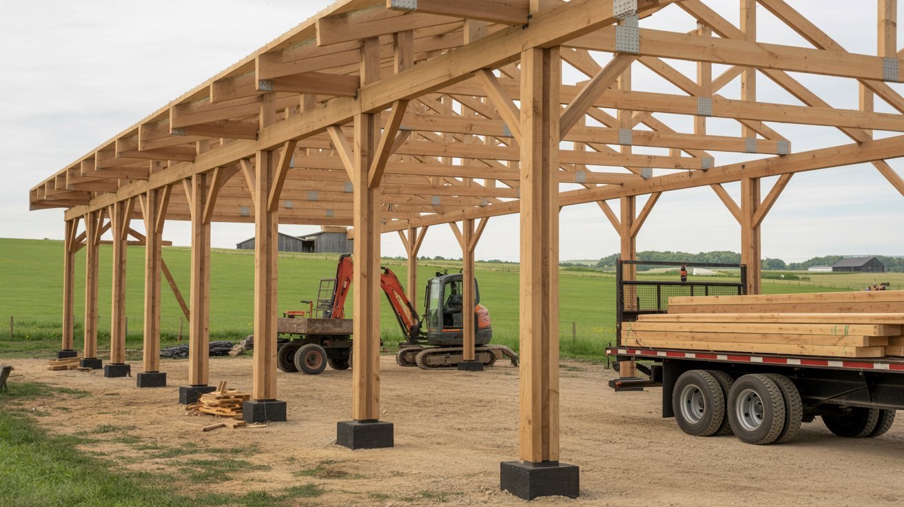 A truck parked beneath a wooden structure, showcasing its size and the rustic design of the overhead beams.
