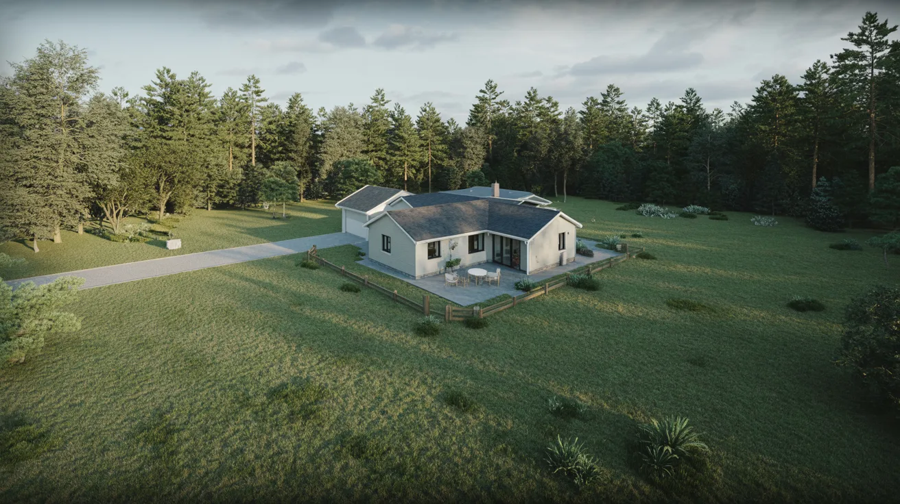 A cozy house surrounded by tall trees in a lush green forest.