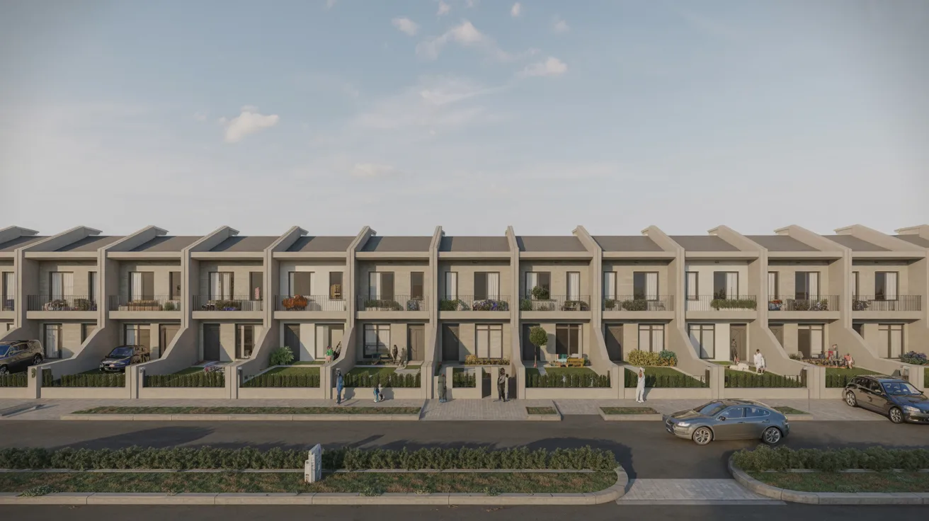 A modern apartment building rendering showcasing sleek lines and contemporary design elements.