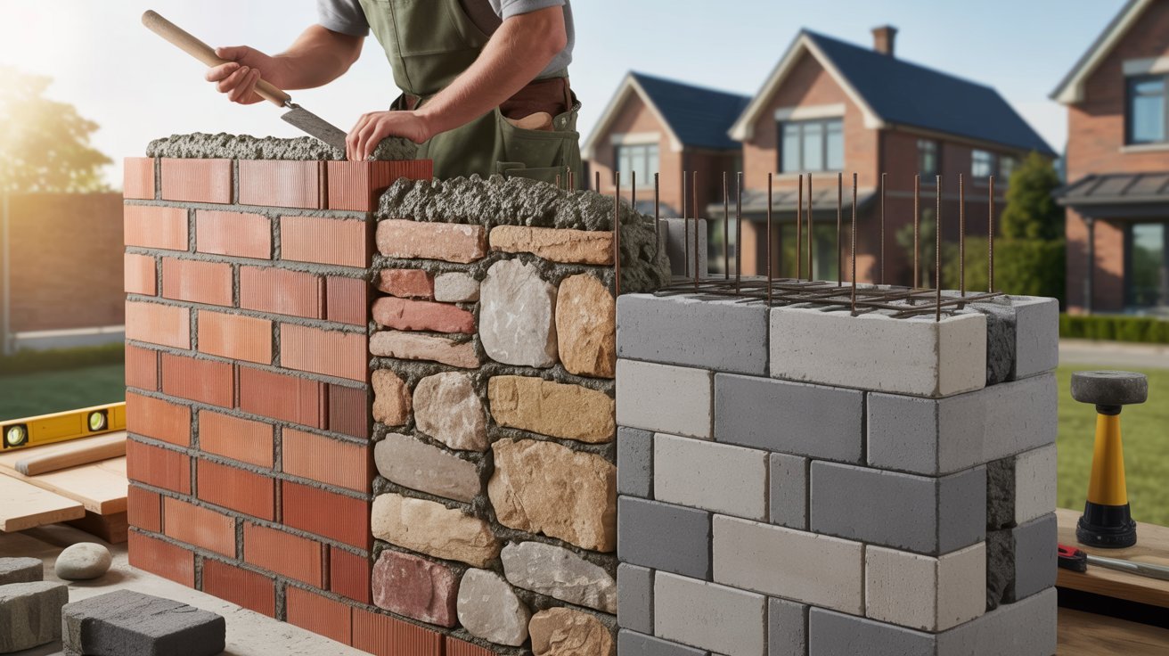 A man constructs a brick wall, carefully placing each brick in a precise arrangement.