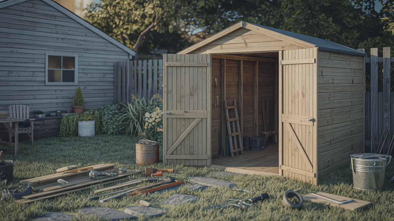 A backyard shed filled with various tools, surrounded by a grassy area and additional tools scattered nearby.