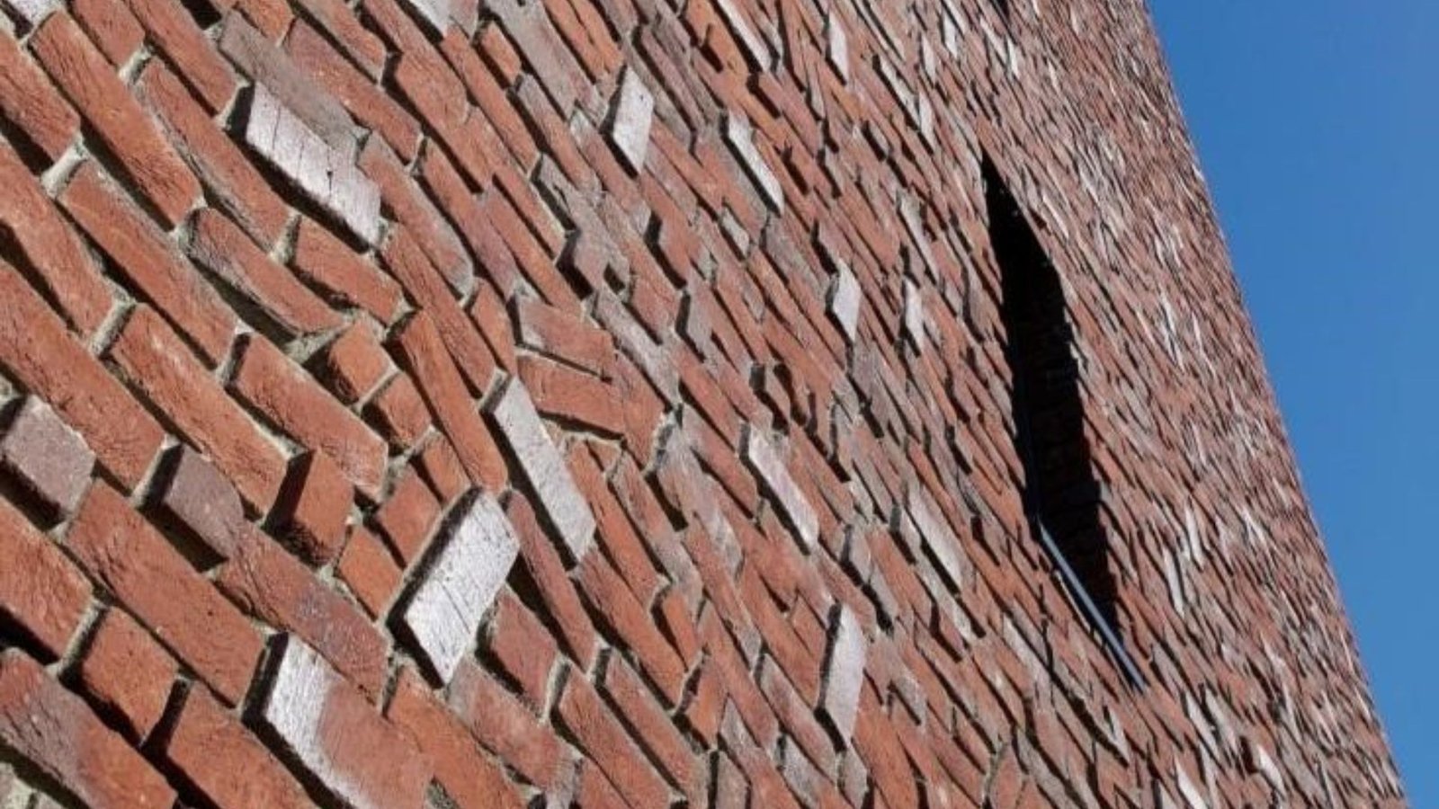 A brick wall featuring various tools and loose bricks arranged against its surface.