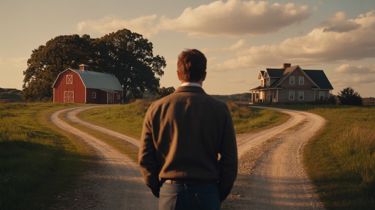 A man stands on a road flanked by two houses, with a clear view of the surroundings.
