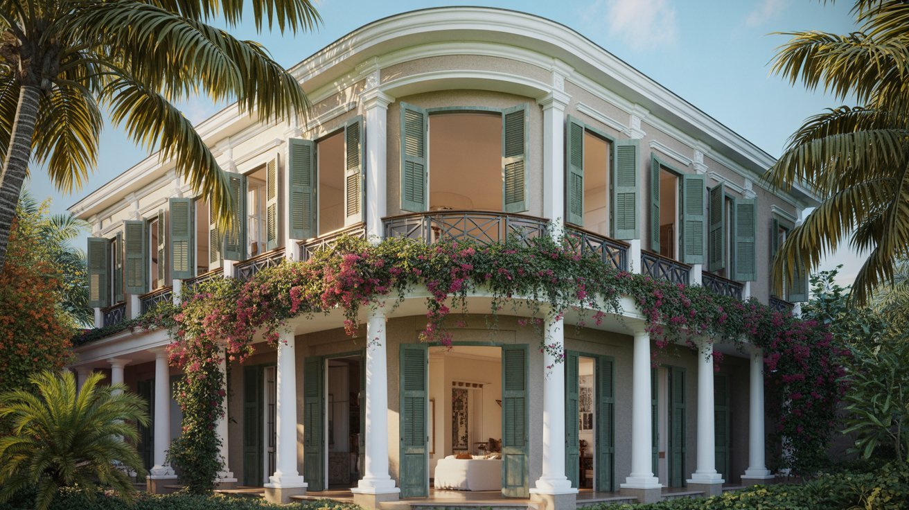 A large house featuring a balcony, surrounded by palm trees, set against a clear blue sky.
